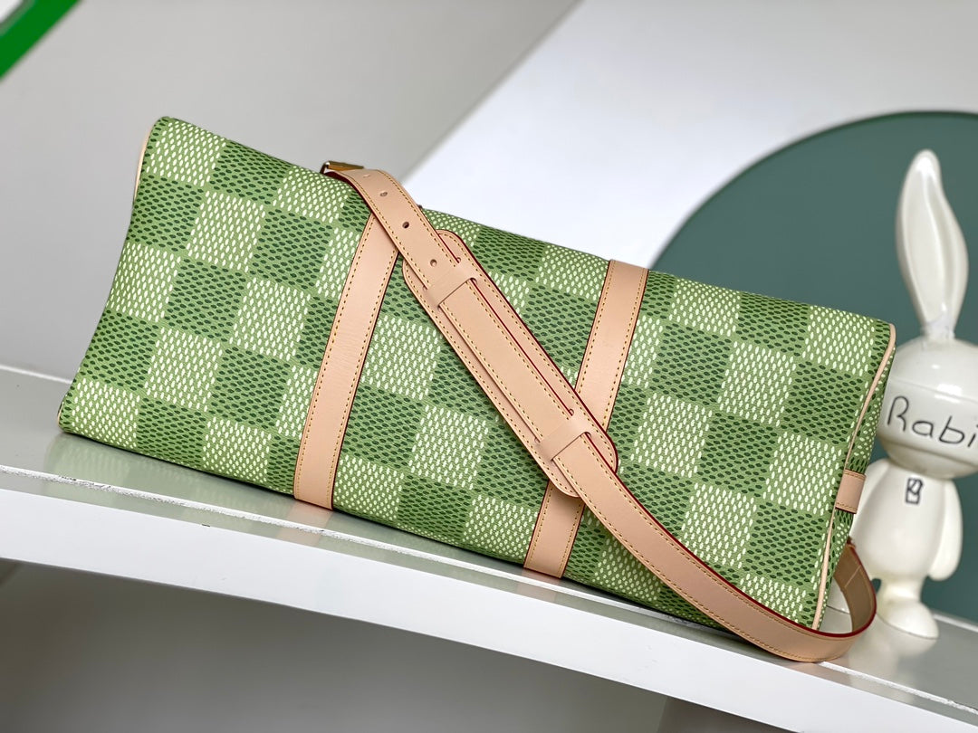 Louis Vuitton Classic Green Checkerboard Travel Duffle Bag with Leather Trim