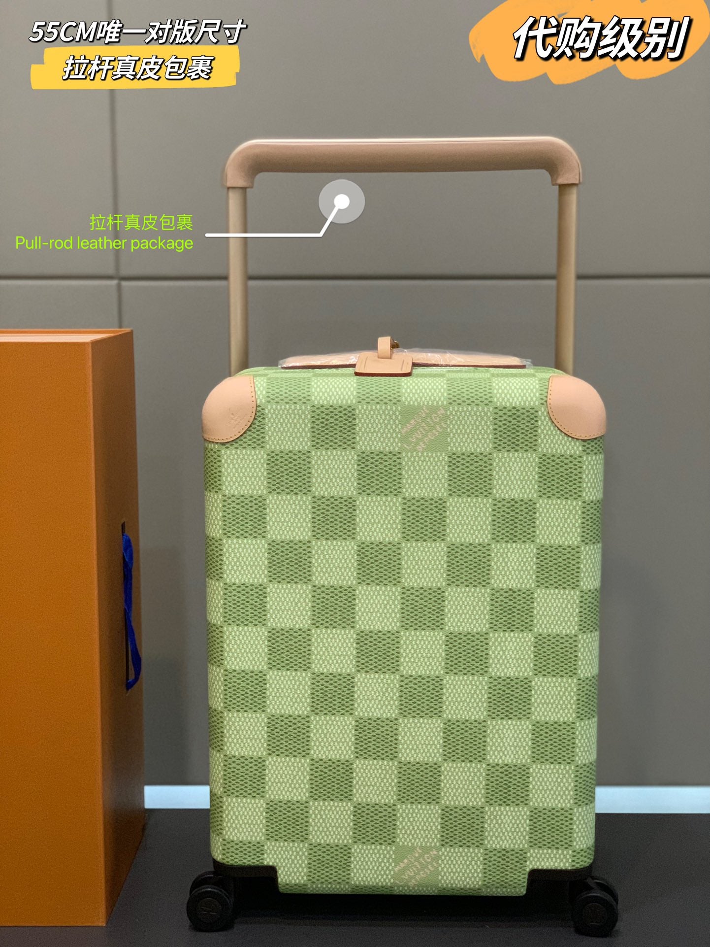 Green Checkered Spinner Suitcase with Leather Trim Carry-On Luggage