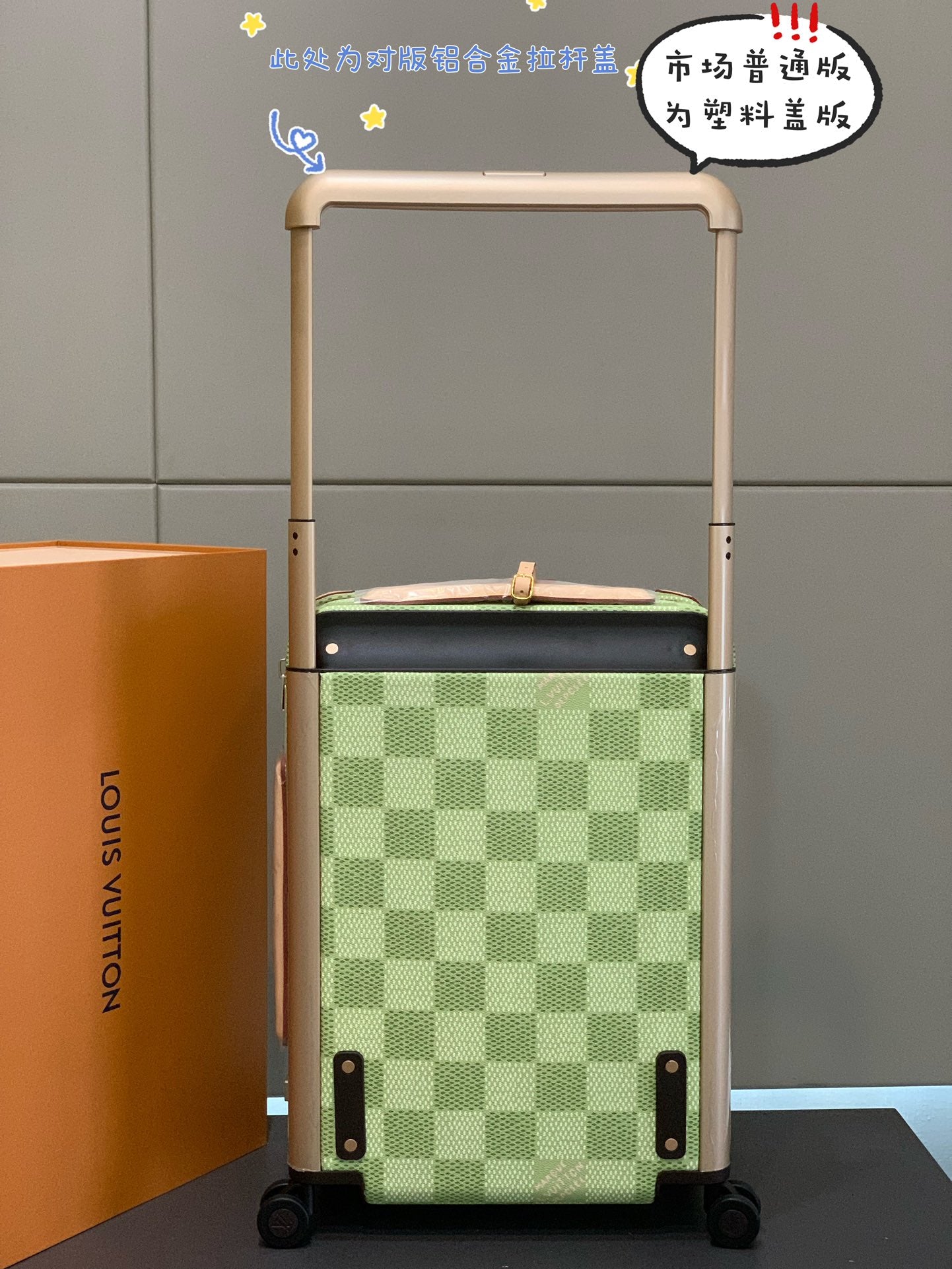 Green Checkered Spinner Suitcase with Leather Trim Carry-On Luggage