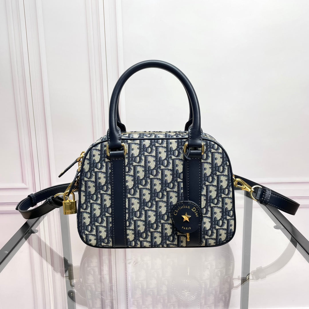 Dior Navy Blue Oblique Monogram Canvas Bowling Bag with Top Handles