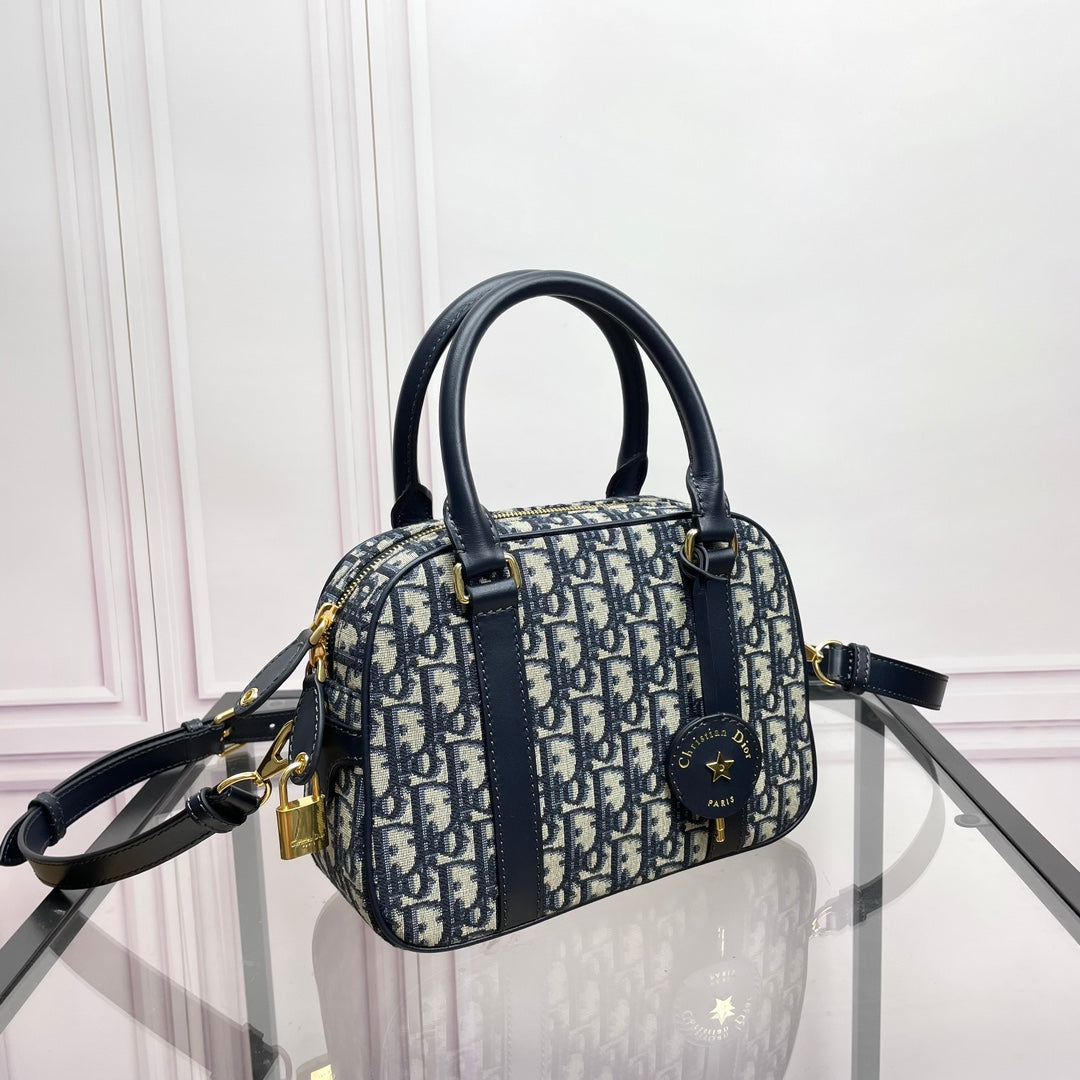 Dior Navy Blue Oblique Monogram Canvas Bowling Bag with Top Handles