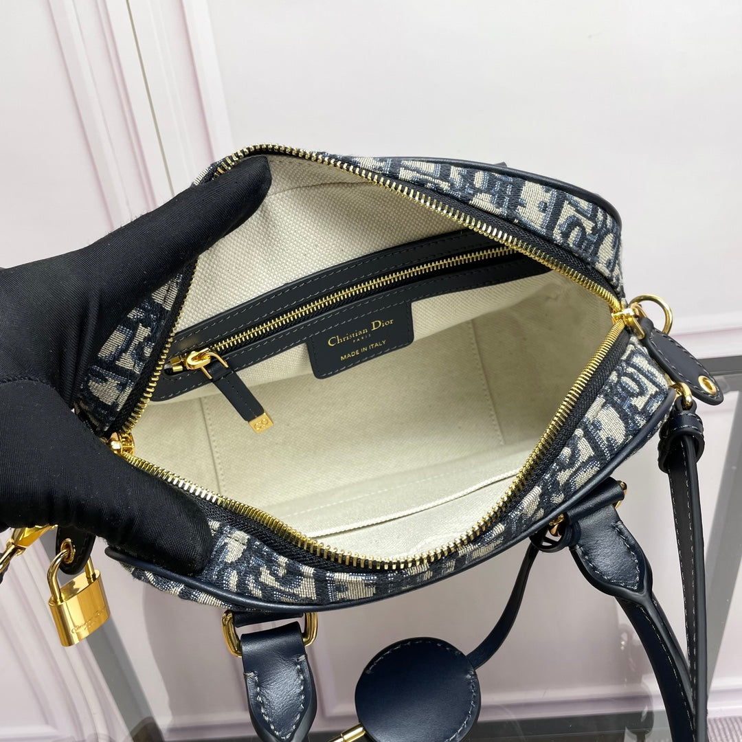Dior Navy Blue Oblique Monogram Canvas Bowling Bag with Top Handles