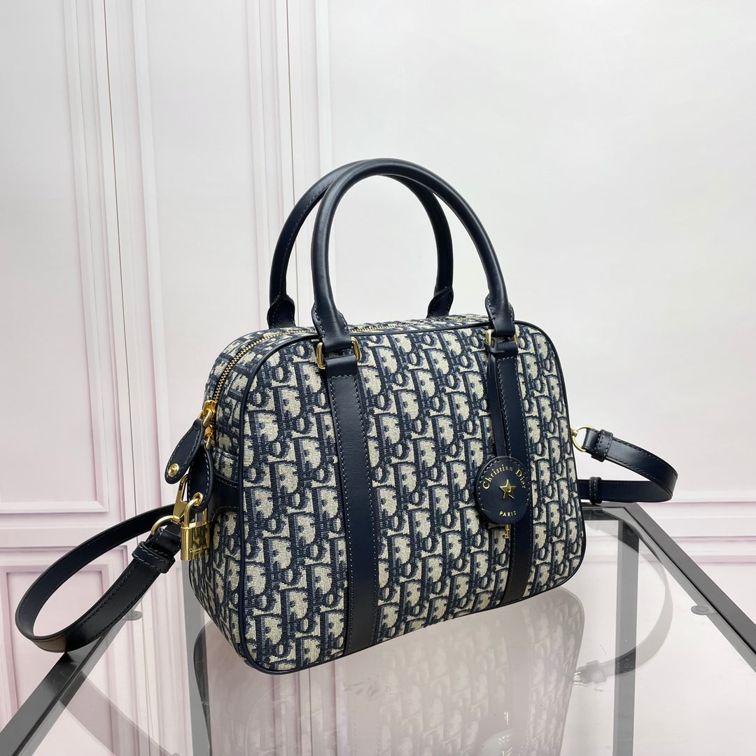 Dior Vibe Medium Bowling Bag - Blue Oblique Jacquard & Navy Leather