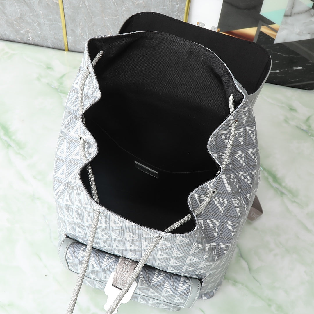 Grey Geometric Diamond Pattern Canvas Backpack with Buckle Detail