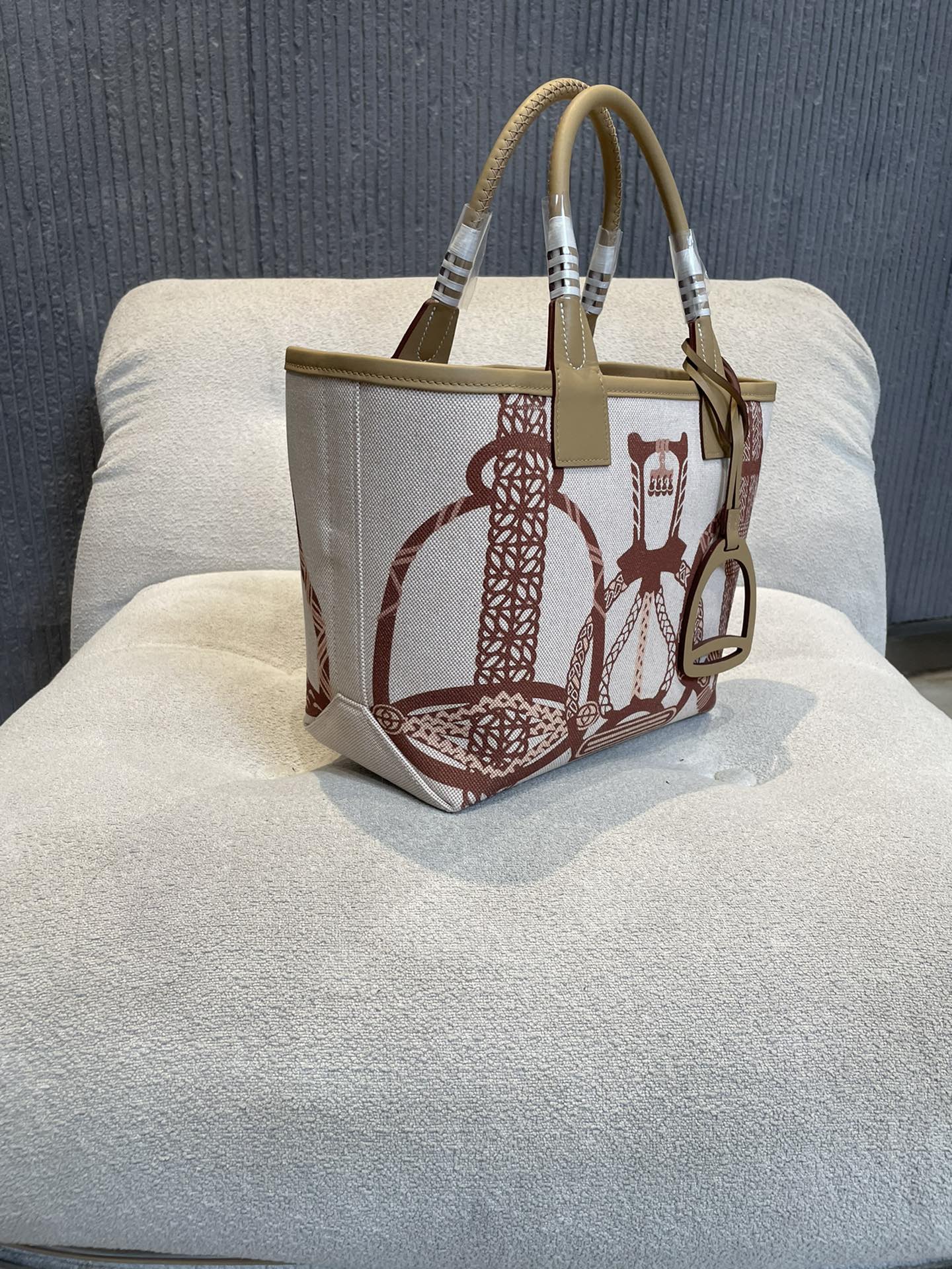 Equestrian Print Canvas Mini Tote Bag with Stirrup Charm