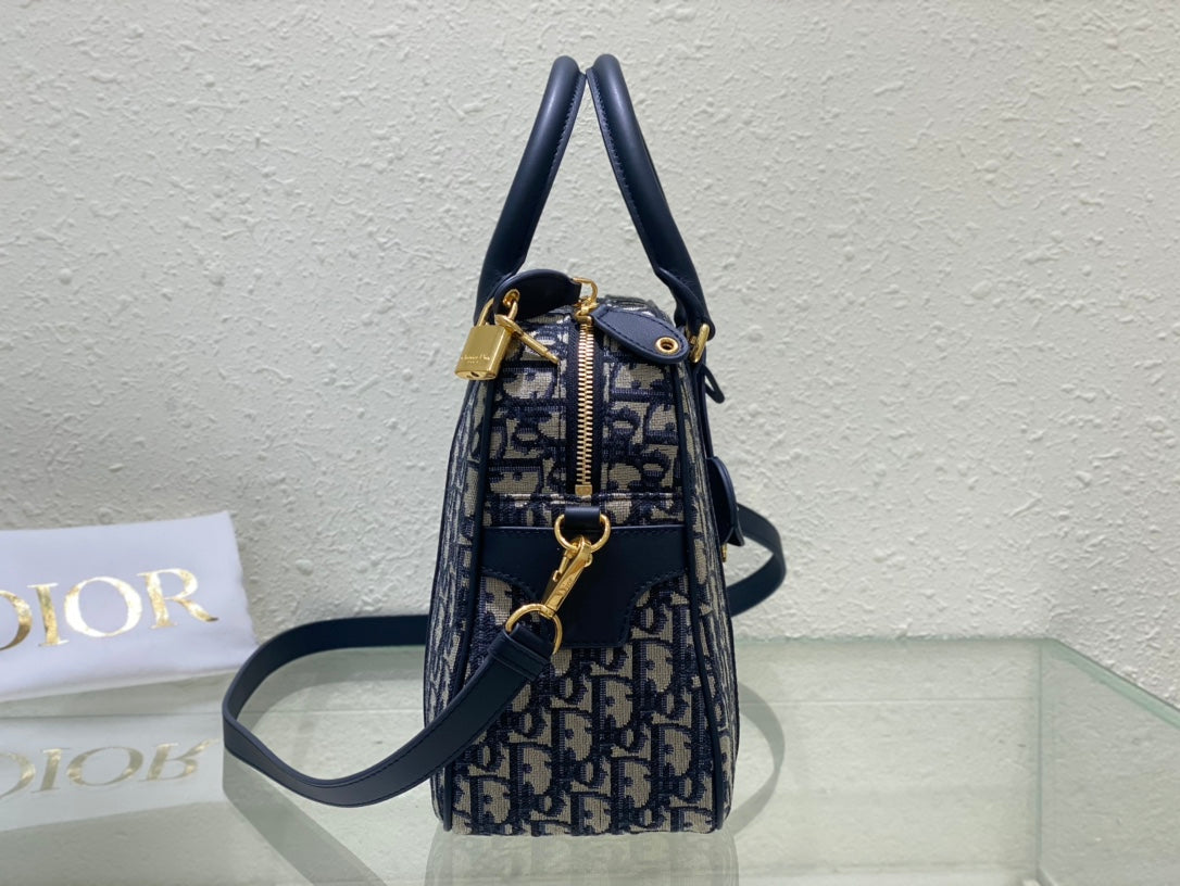 Dior Vintage Navy Blue Patterned Canvas Satchel Shoulder Bag