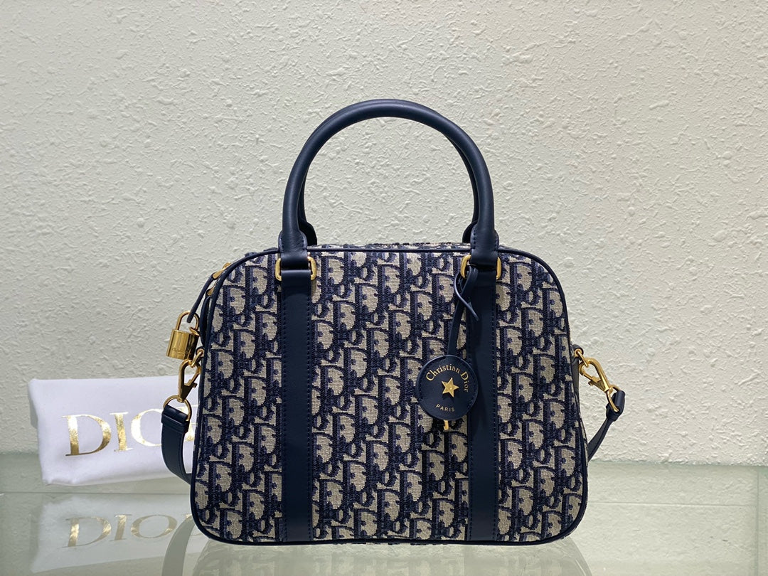 Dior Vintage Navy Blue Patterned Canvas Satchel Shoulder Bag
