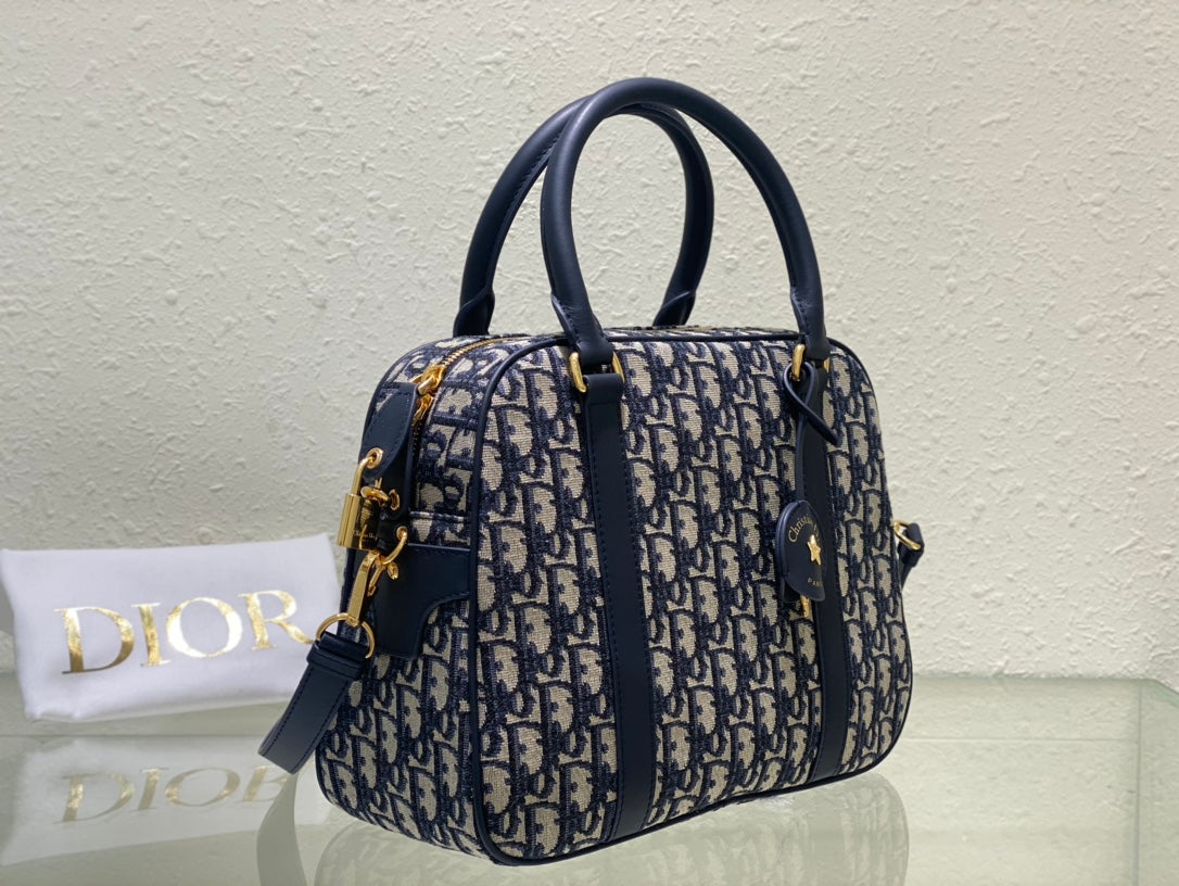 Dior Vintage Navy Blue Monogram Jacquard Bowling Bag with Shoulder Strap