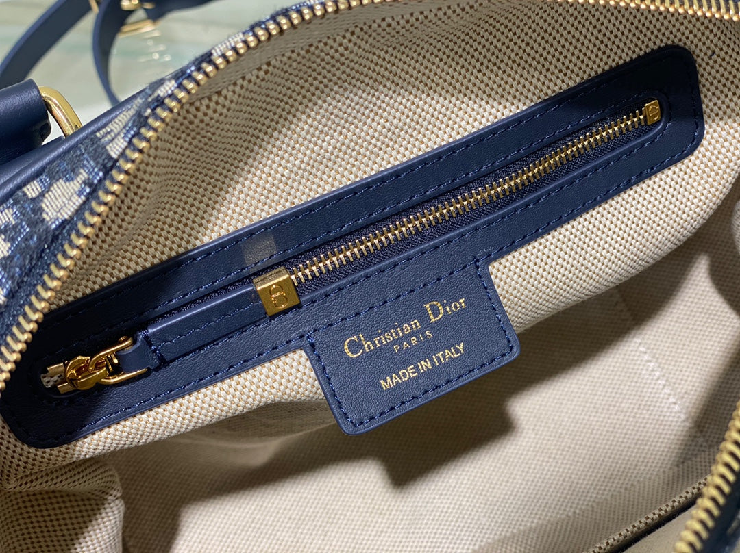 Dior Vintage Navy Blue Patterned Canvas Satchel Shoulder Bag