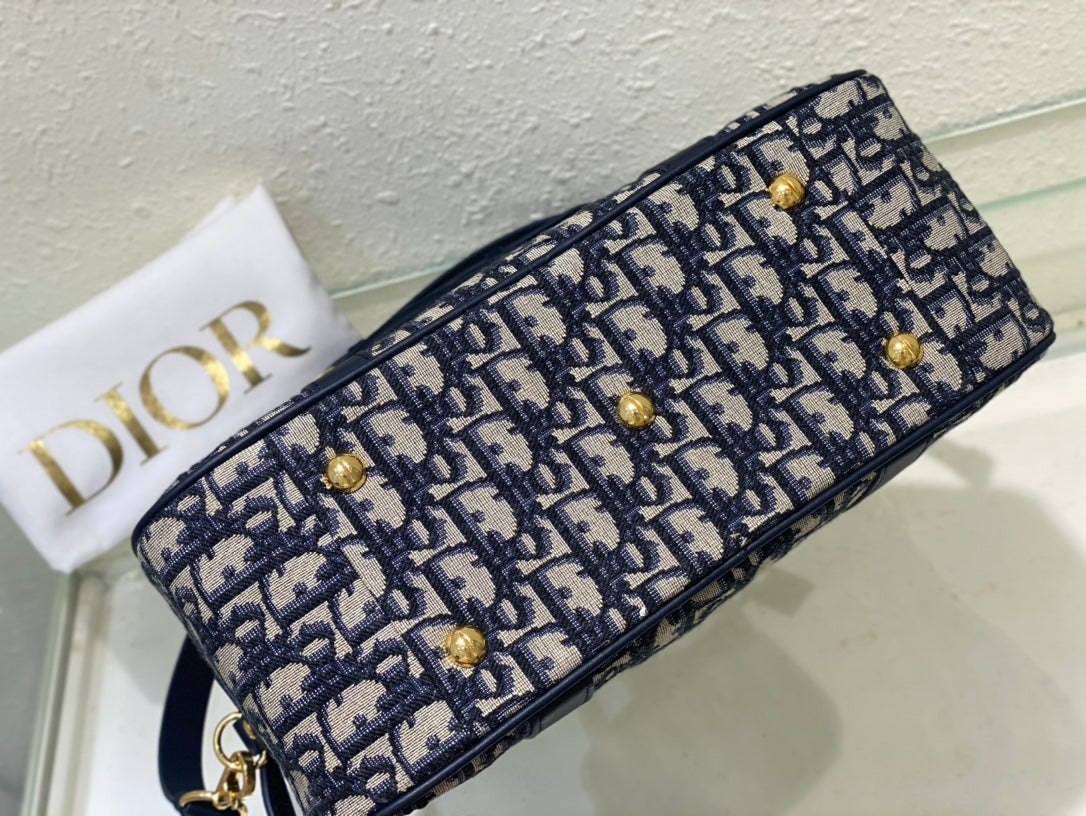 Dior Vintage Navy Blue Patterned Canvas Satchel Shoulder Bag