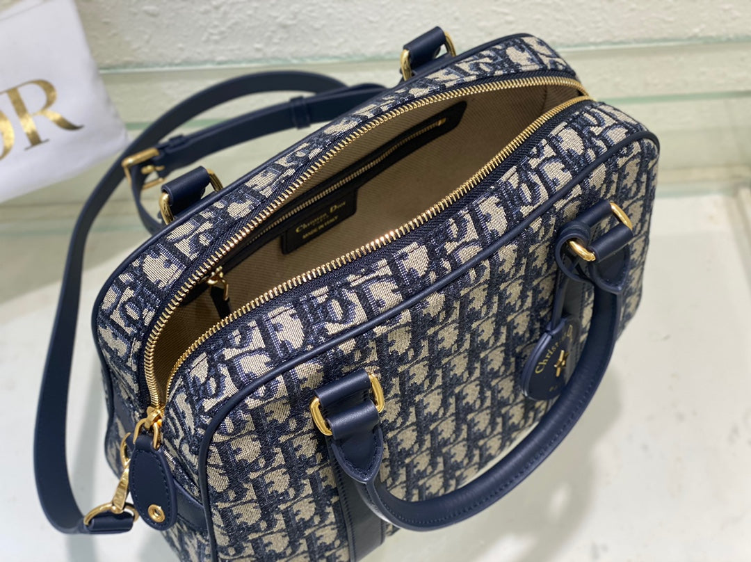 Dior Navy Blue Monogram Canvas Top Handle Satchel with Shoulder Strap