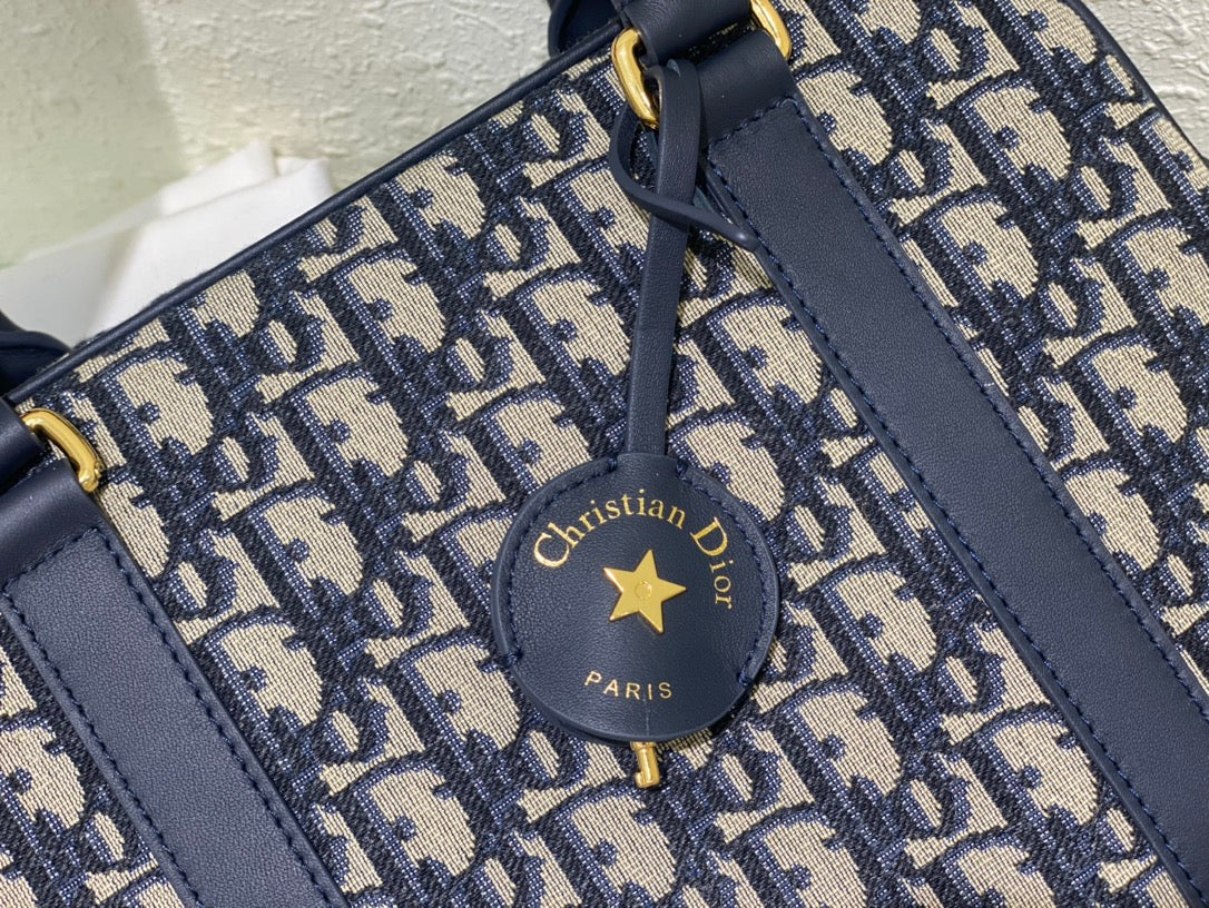 Dior Vintage Navy Blue Monogram Jacquard Bowling Bag with Shoulder Strap
