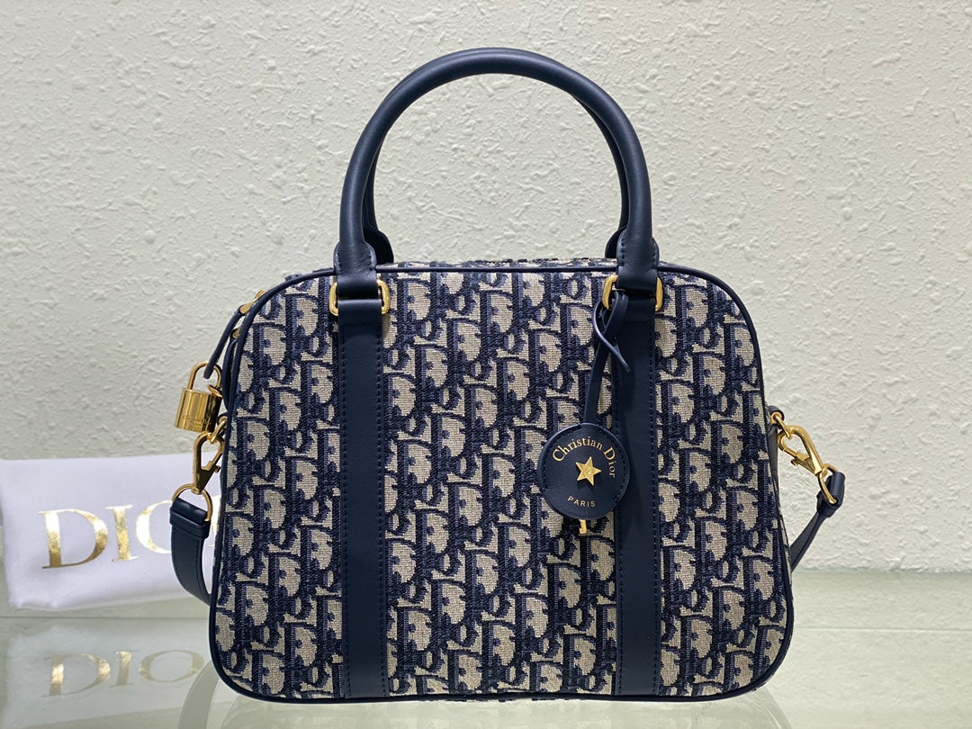 Dior Oblique Canvas Handbag - Navy Blue &amp; Beige Monogram Boston Bag