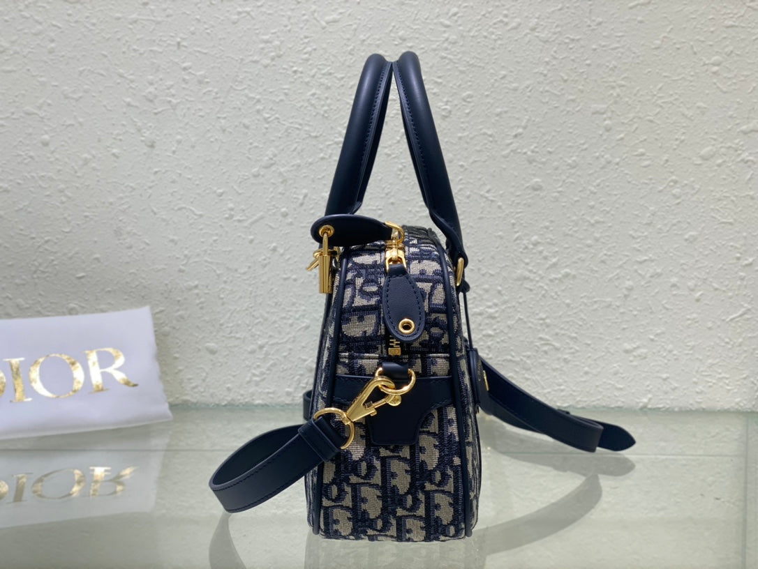 Dior Navy Blue Monogram Canvas Mini Bowling Bag with Shoulder Strap
