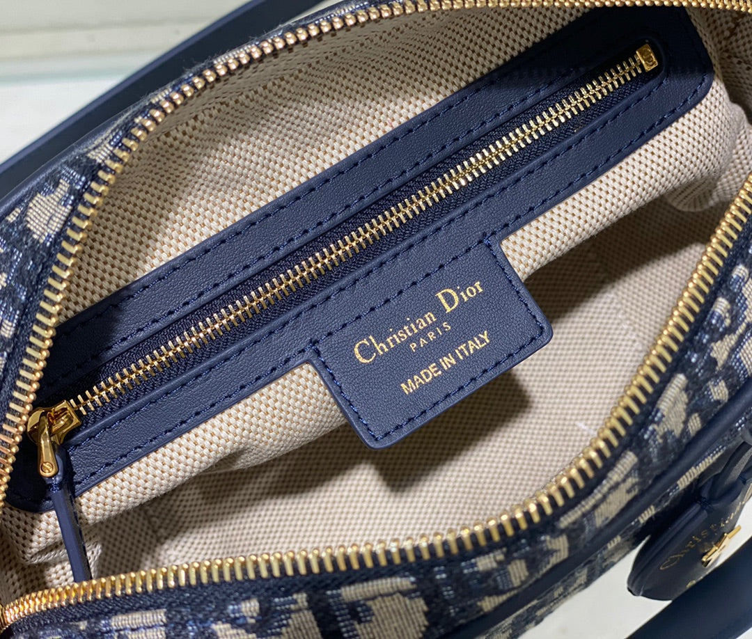 Dior Navy Blue Monogram Canvas Mini Bowling Bag with Shoulder Strap