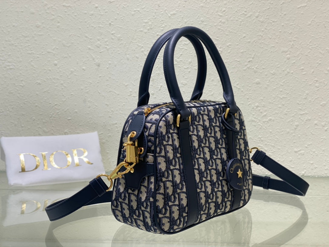 Christian Dior Oblique Jacquard Mini Bowling Bag - Blue Canvas Handbag