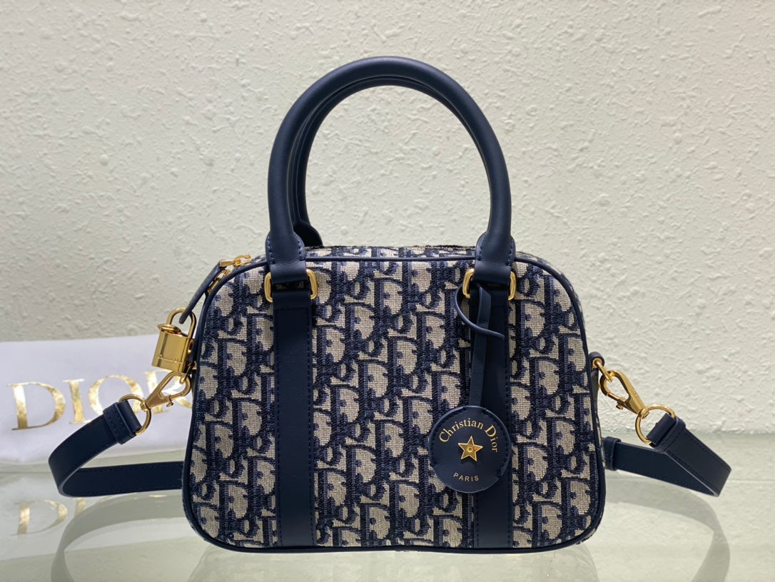 Dior Classic Blue Monogram Canvas Bowler Handbag with Gold Hardware