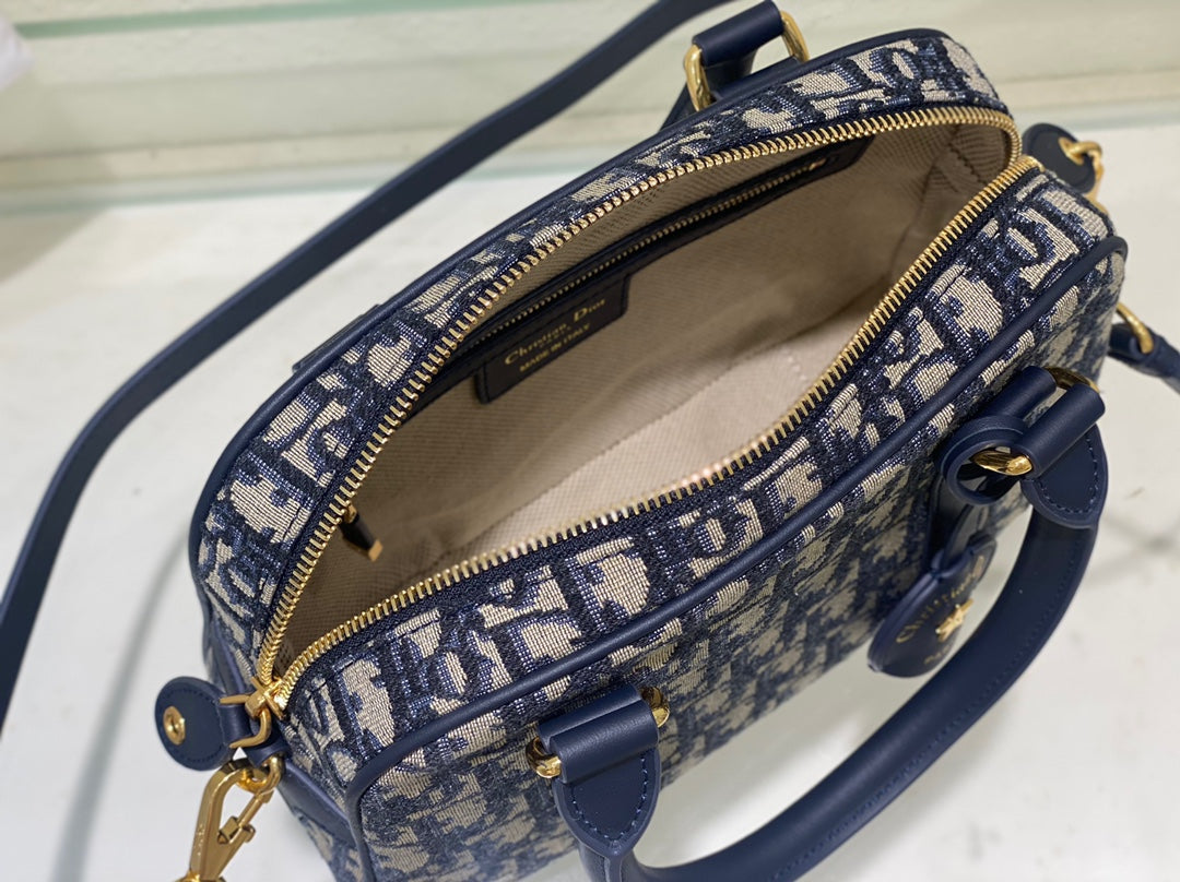 Dior Classic Blue Monogram Canvas Bowler Handbag with Gold Hardware