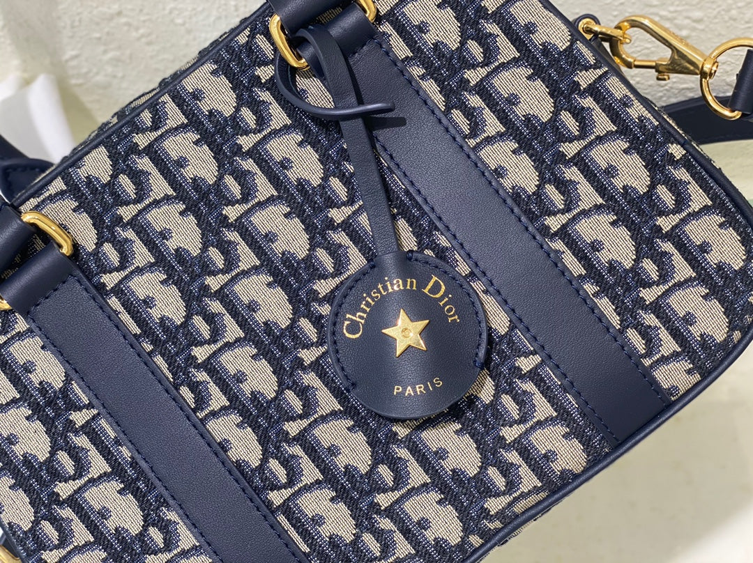 Dior Classic Blue Monogram Canvas Bowler Handbag with Gold Hardware