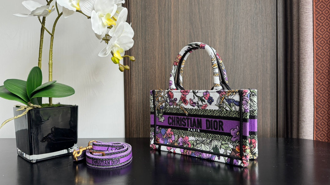 Dior Vintage Purple Floral Embroidered Canvas Mini Tote Bag