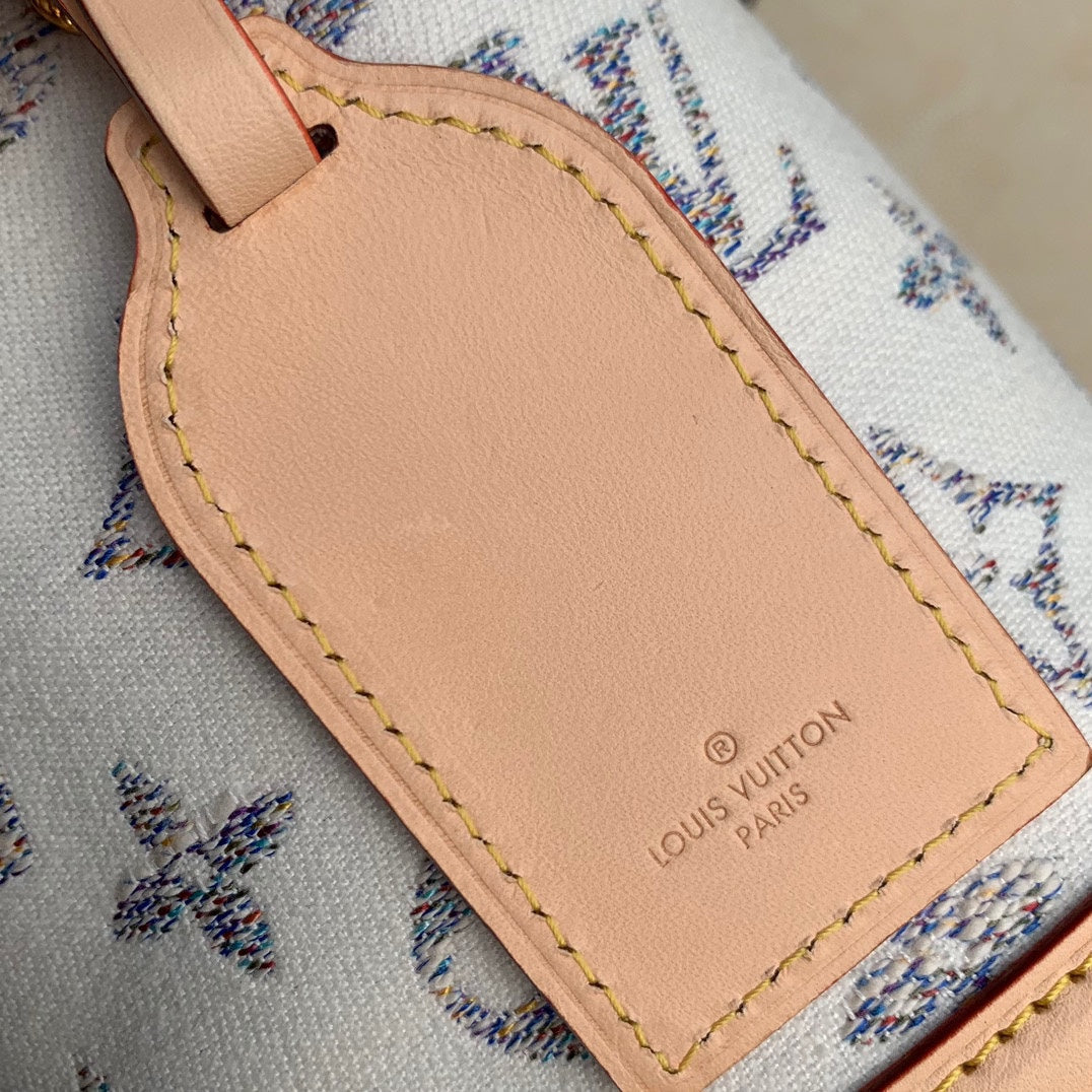 Louis Vuitton Luxury White Monogram Mini Bucket Bag with Gold Chain and Leather Trim
