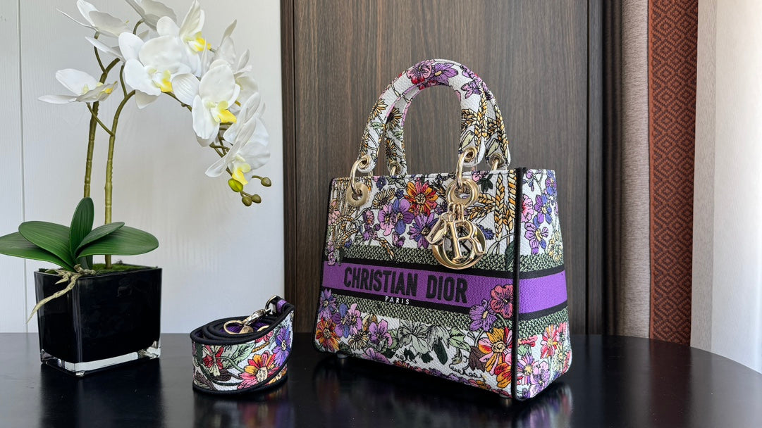 Dior Multicolor Floral Embroidered Canvas Handbag with Wide Shoulder Strap