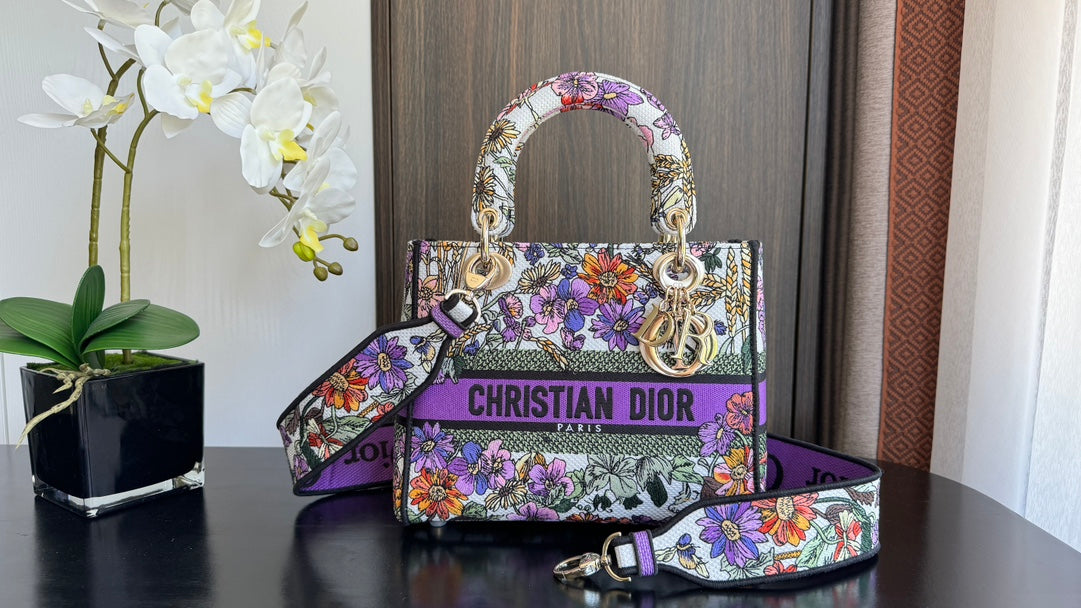 Dior Multicolor Floral Embroidered Canvas Handbag with Wide Shoulder Strap