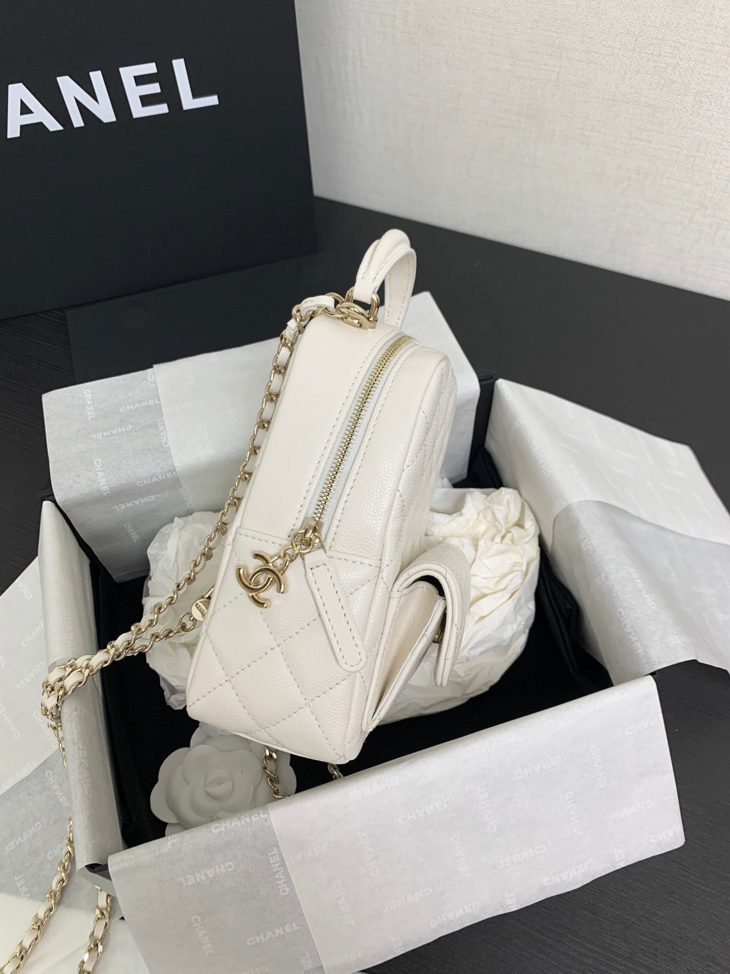 Chanel White Quilted Leather Mini Backpack with Gold-Tone CC Logo