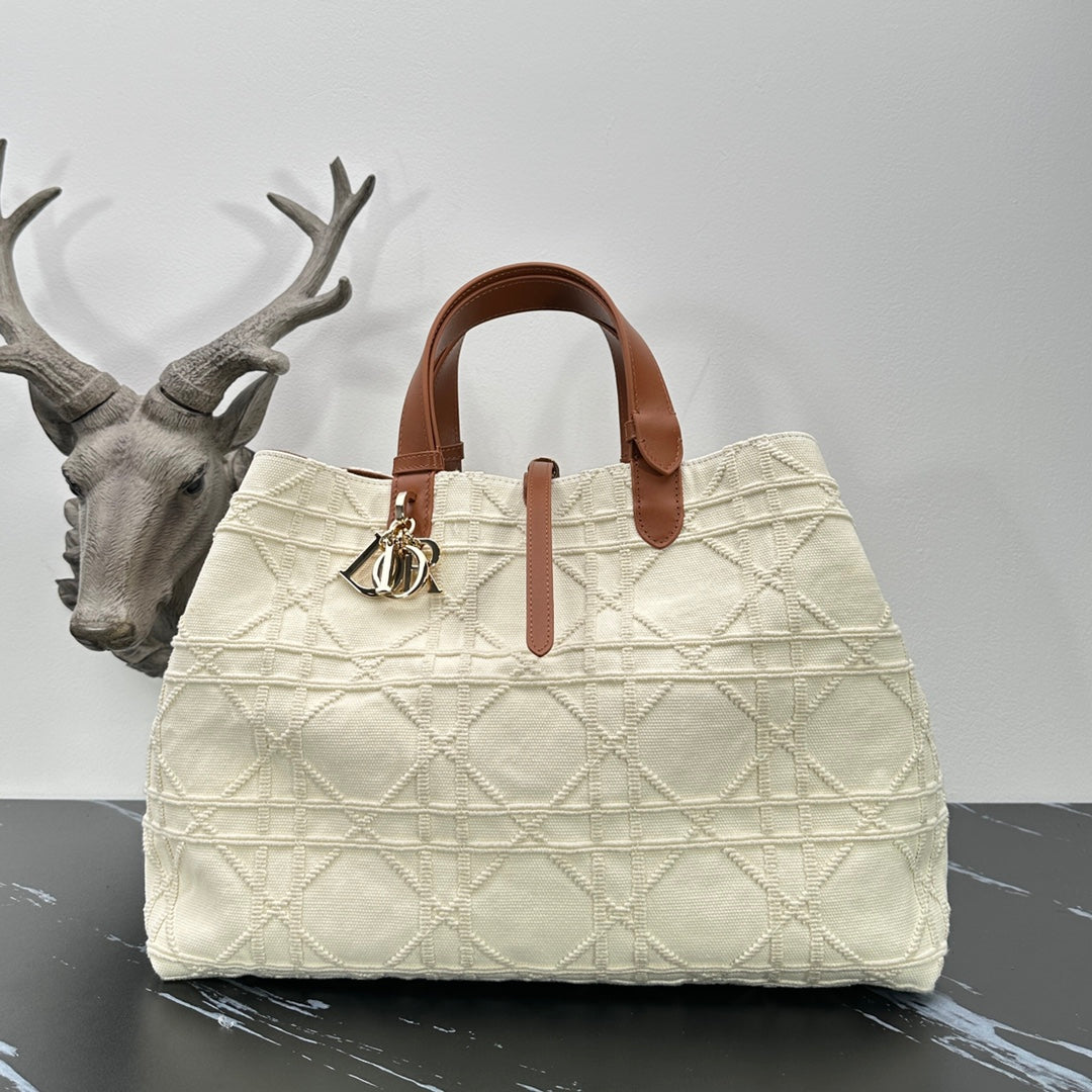 Dior Beige Cannage Quilted Canvas Handbag with Brown Leather Top Handles