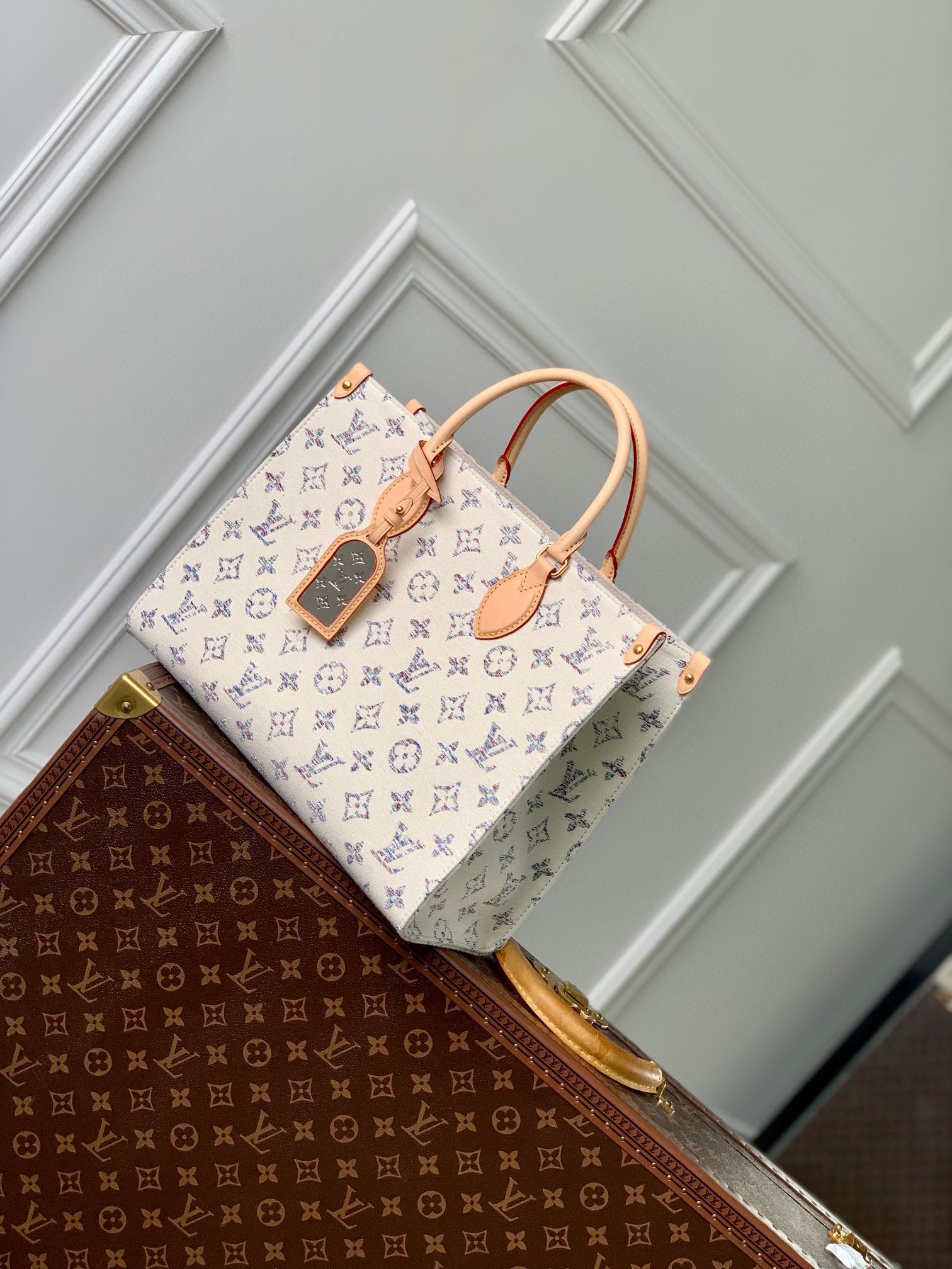 Louis Vuitton White Monogram Canvas Tote Bag with Beige Leather Handles