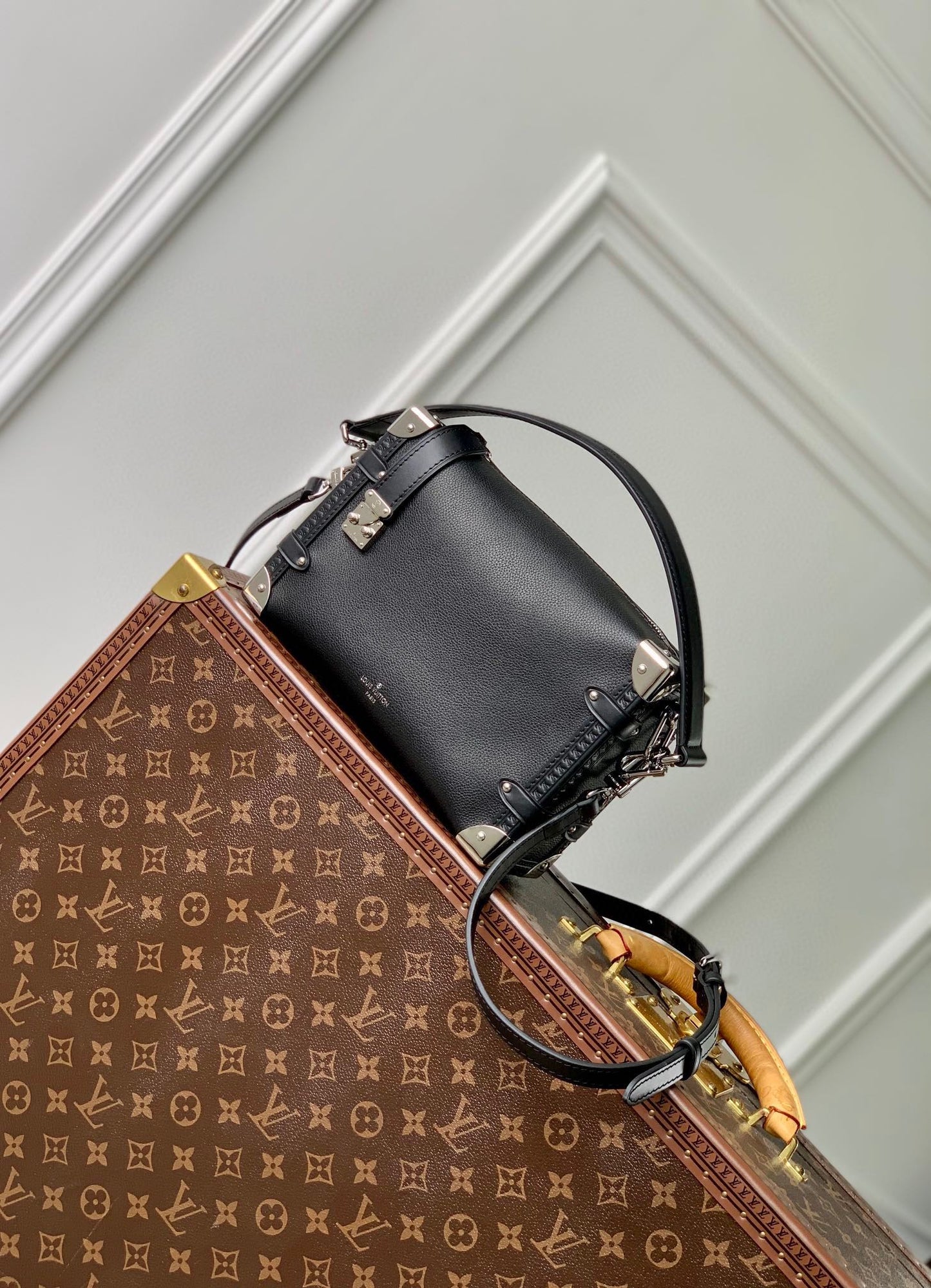 Louis Vuitton Black Leather Trunk Shoulder Bag with Silver Metal Corners
