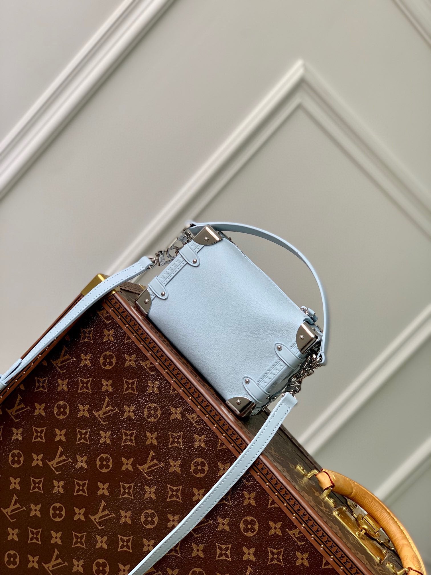 Louis Vuitton Pastel Blue Leather Mini Trunk Crossbody Bag with Silver Hardware