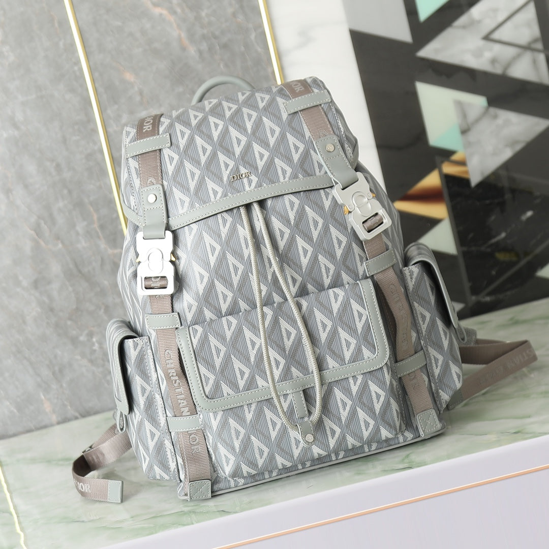 Dior Grey Geometric Pattern Canvas Drawstring Backpack with Buckles