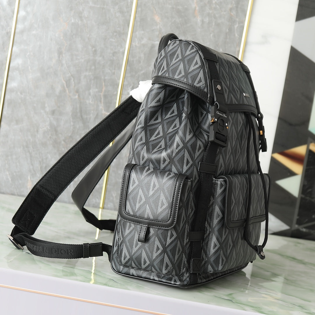 Dior Grey Geometric Diamond Pattern Multi-Pocket Travel Backpack
