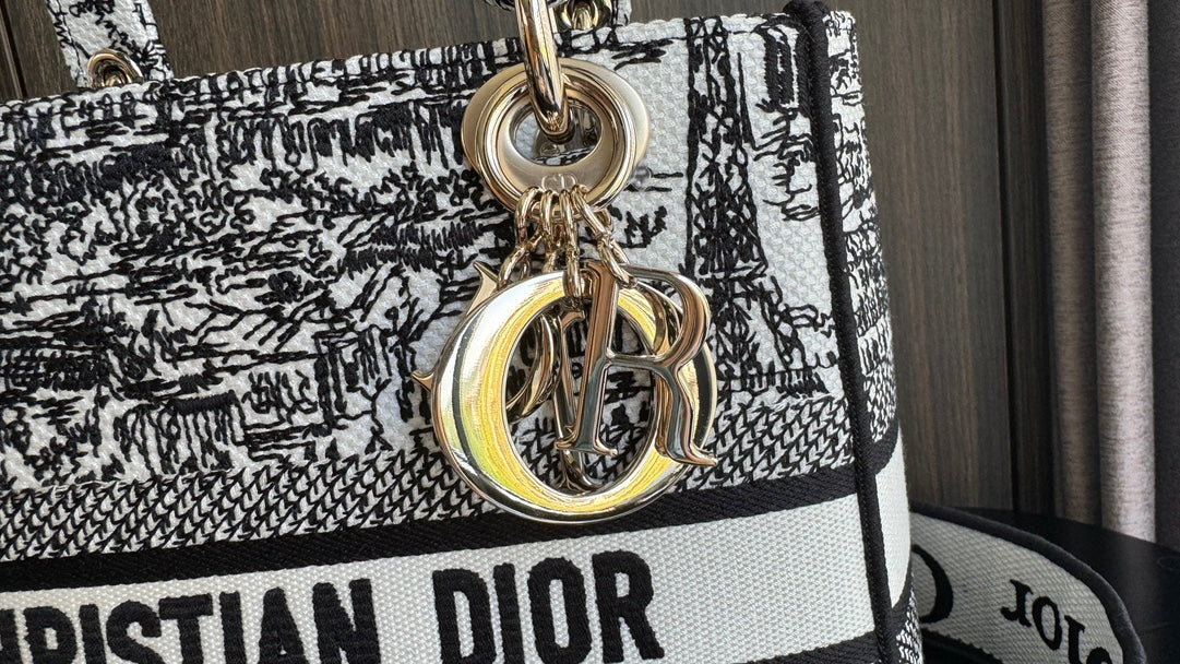 Christian Dior Lady D-Lite Bag Black and White Toile de Jouy Reverse Embroidery