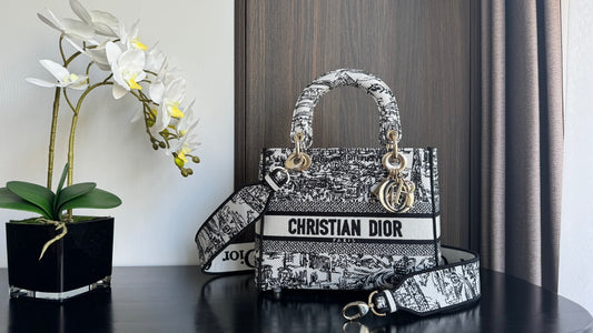 Christian Dior Lady D-Lite Bag Black and White Toile de Jouy Reverse Embroidery