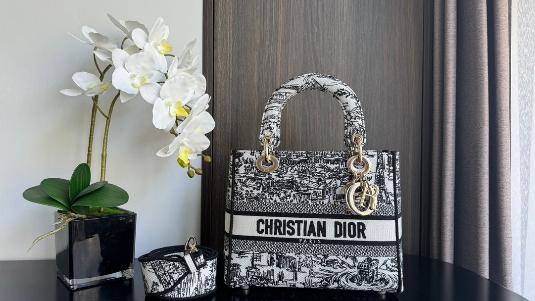 Dior Elegant Black and White Embroidered Canvas Top-Handle Handbag