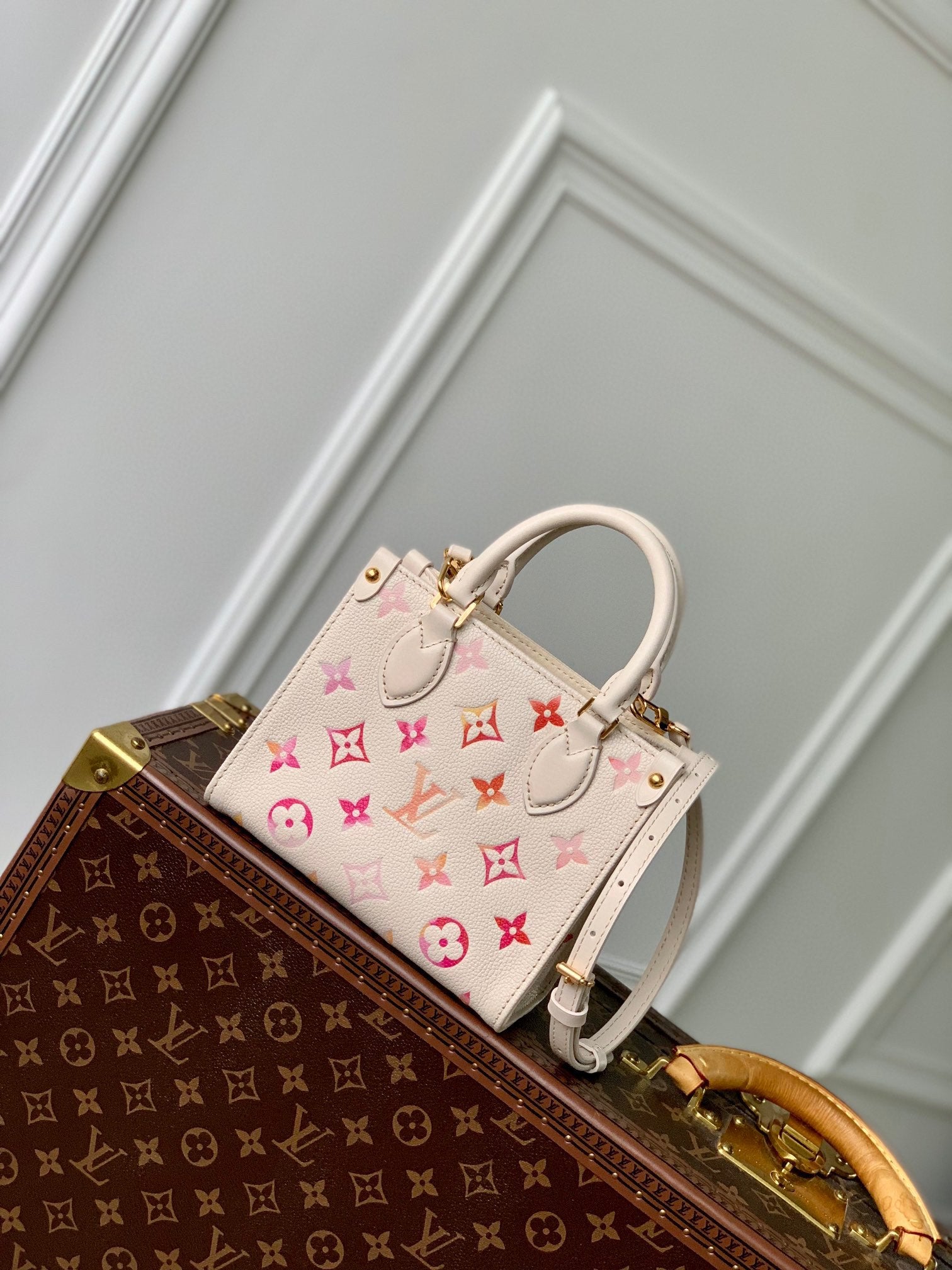 Louis Vuitton White Leather Mini Crossbody Tote Bag with Pink Gradient Pattern