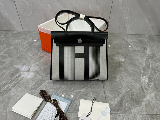 Luxury Canvas and Leather Top Handle Bag - Black and Grey H Pattern Crossbody