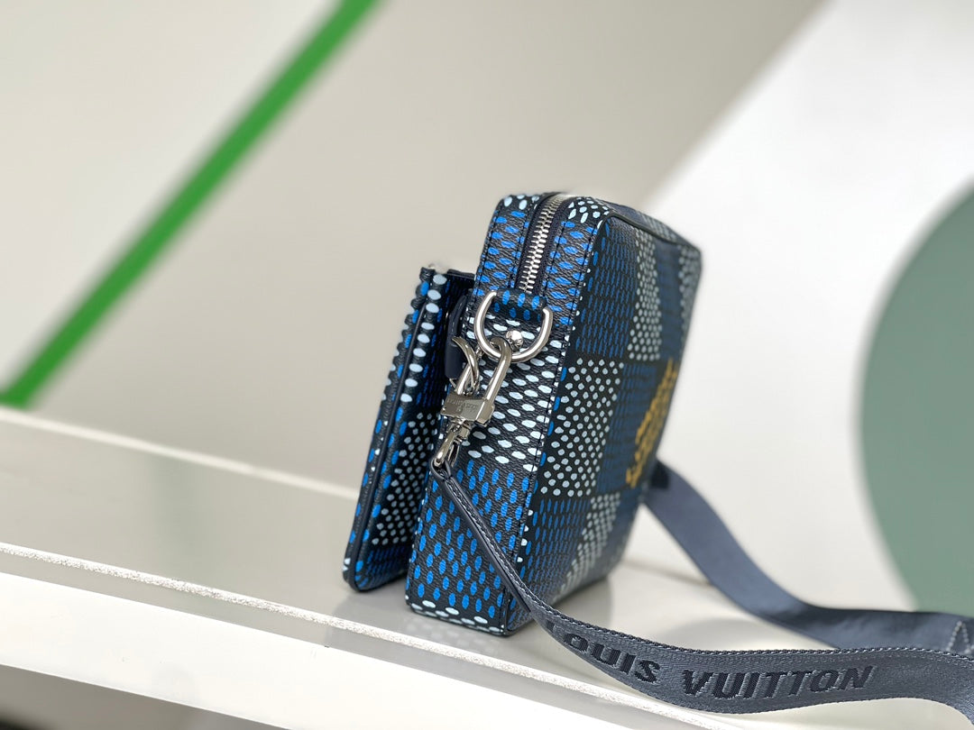 Louis Vuitton Blue Checkerboard Crossbody Messenger Bag with Removable Pouch