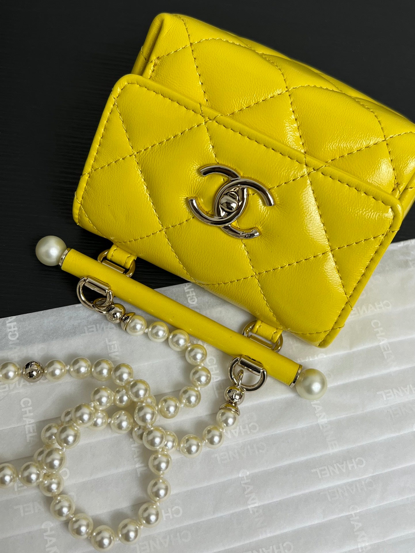 Chanel Yellow Quilted Leather Mini Flap Bag with Pearl Chain Strap