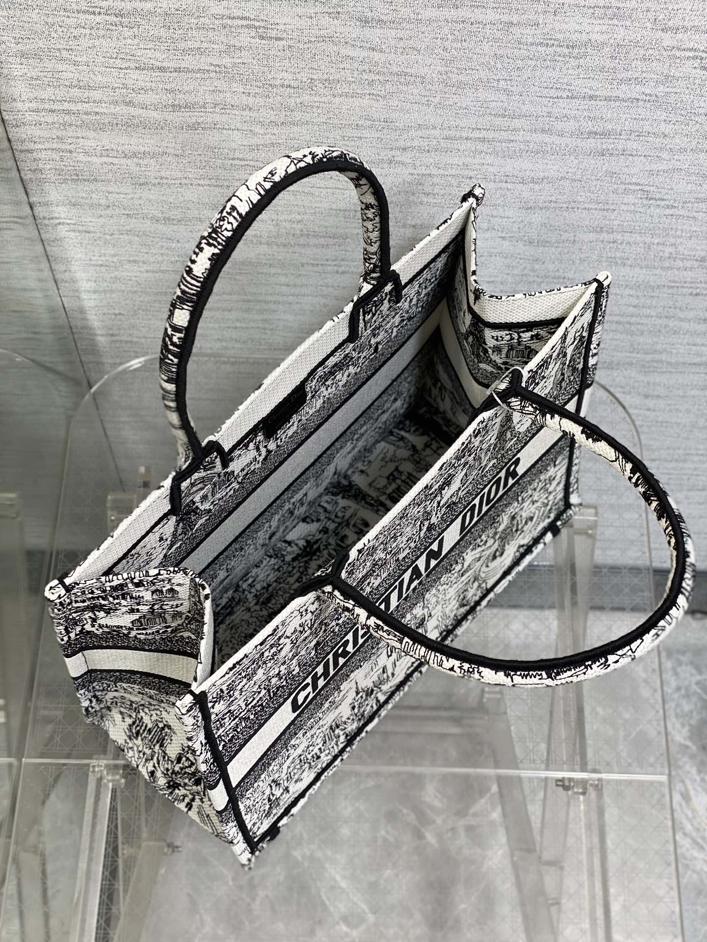 Dior Elegant Black and White Sketch Print Large Canvas Tote Bag