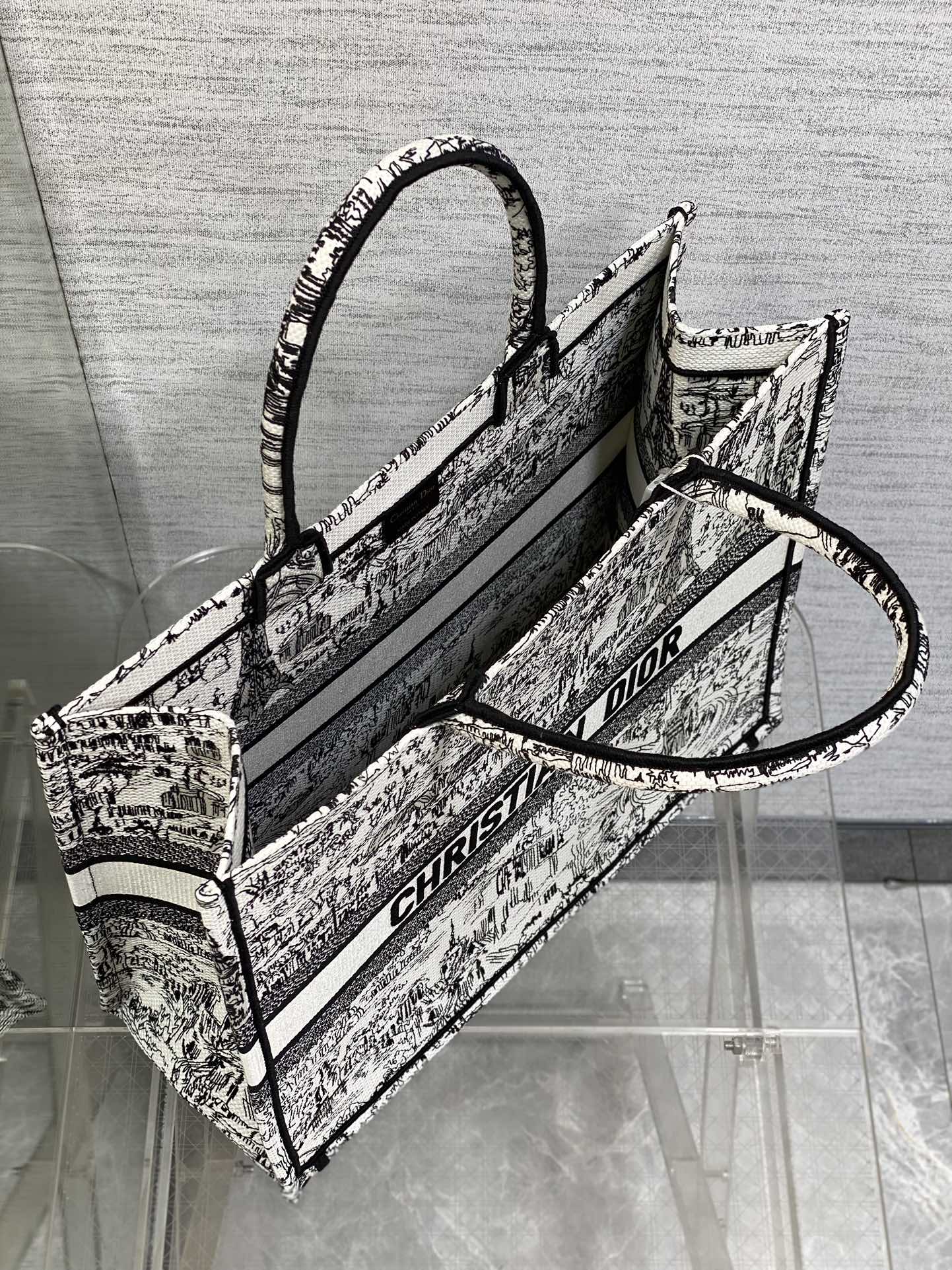 Dior Monochrome Parisian Cityscape Print Canvas Tote Bag