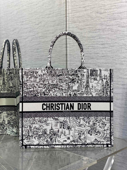 Dior Black and White Paris Sketch Embroidered Canvas Tote Bag
