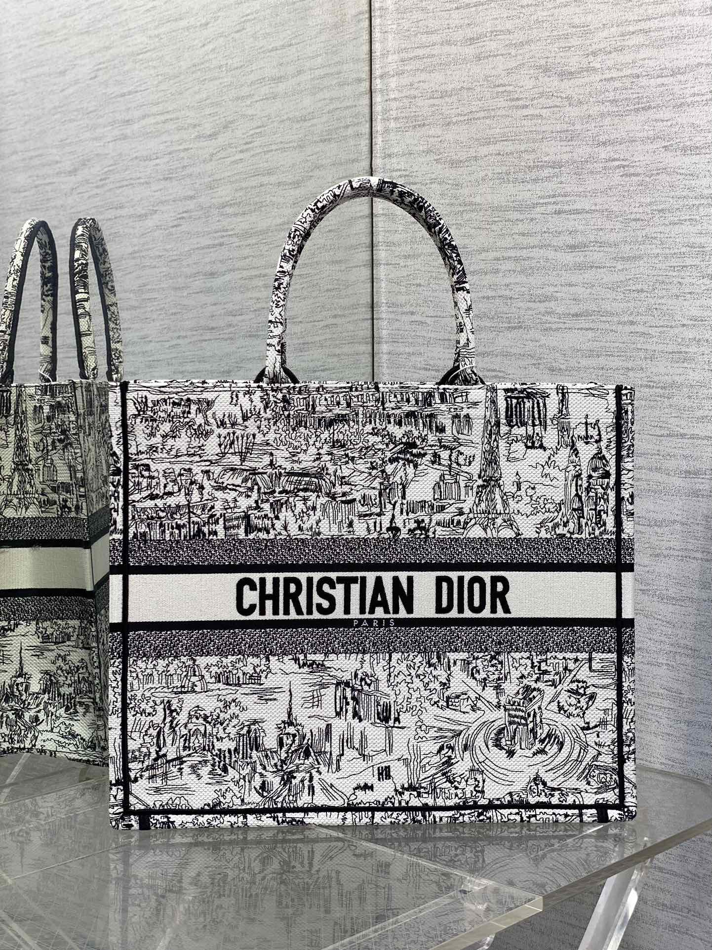 Dior Elegant Black and White City Sketch Canvas Tote Bag with Top Handles