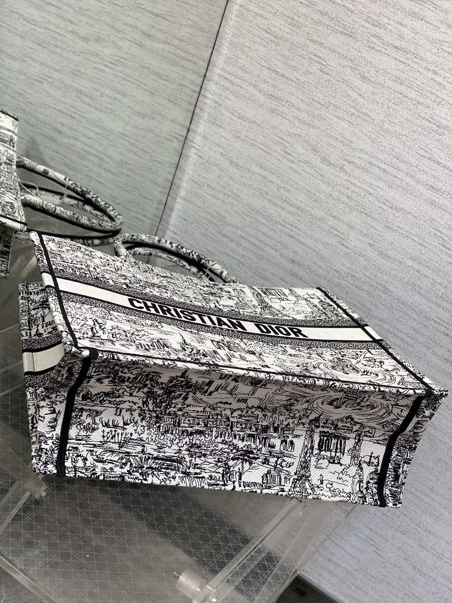 Dior Monochrome Parisian Cityscape Print Canvas Tote Bag