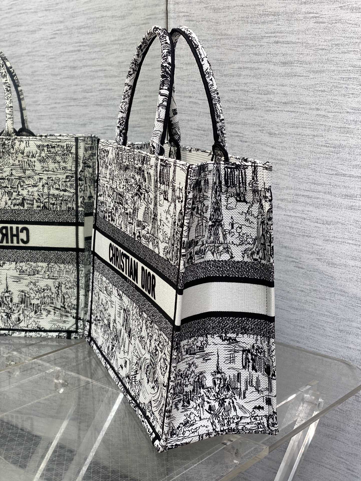Dior Elegant Black and White City Sketch Canvas Tote Bag with Top Handles