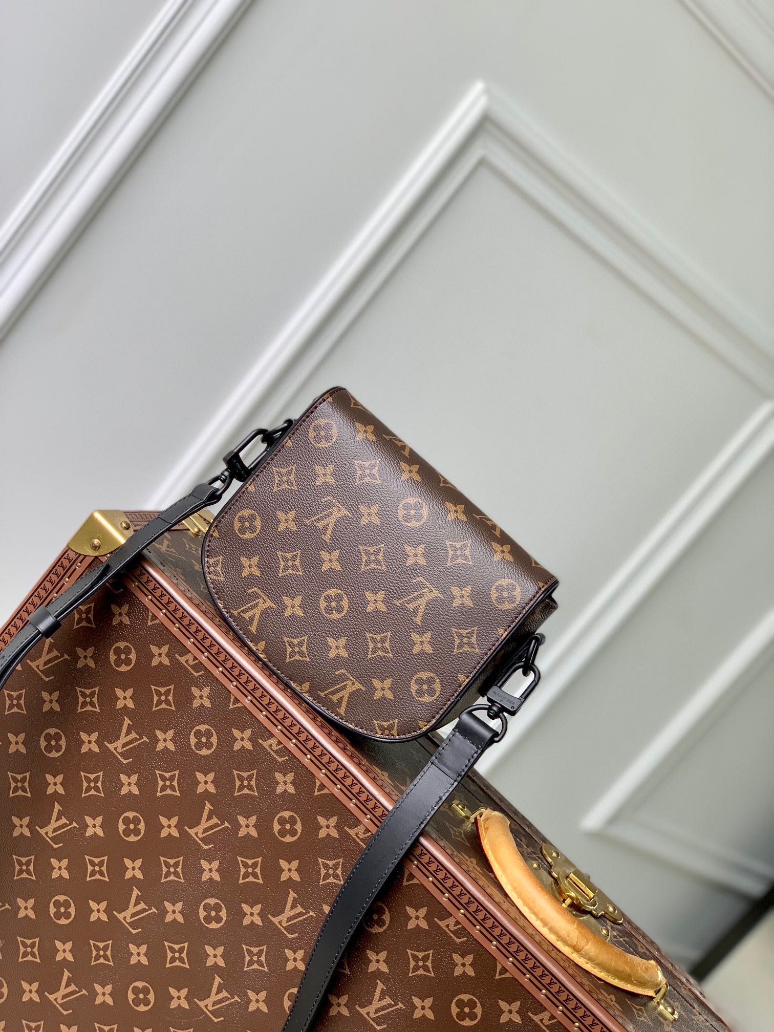 Louis Vuitton Monogram Canvas Crossbody Bag with Black Leather Trim &amp; Hardware
