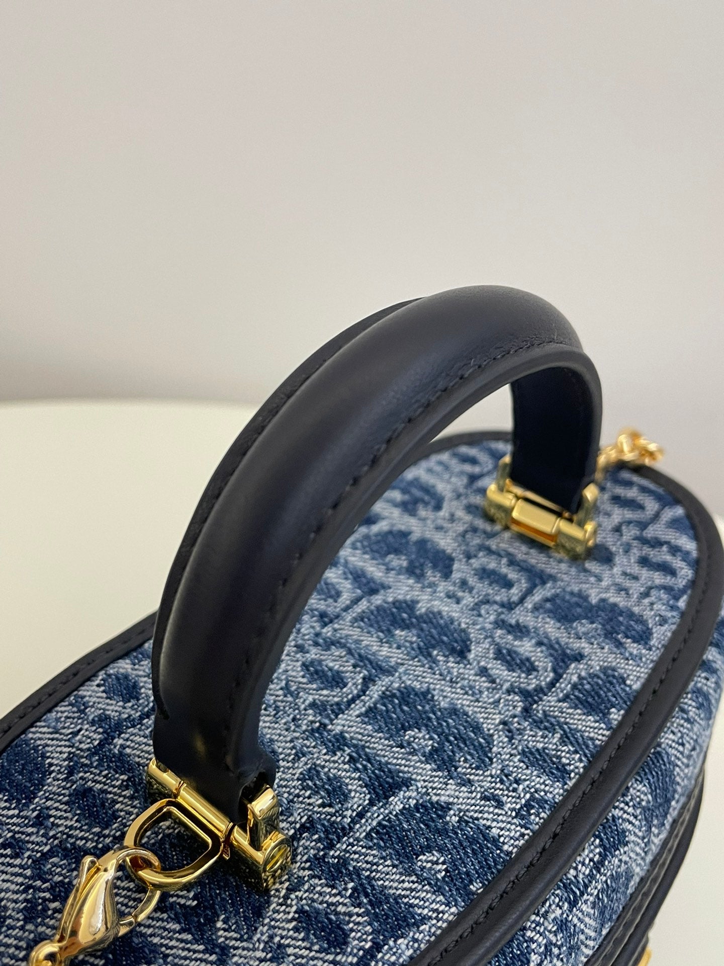 Designer Blue Oblique Canvas Vanity Case with Gold Chain Strap