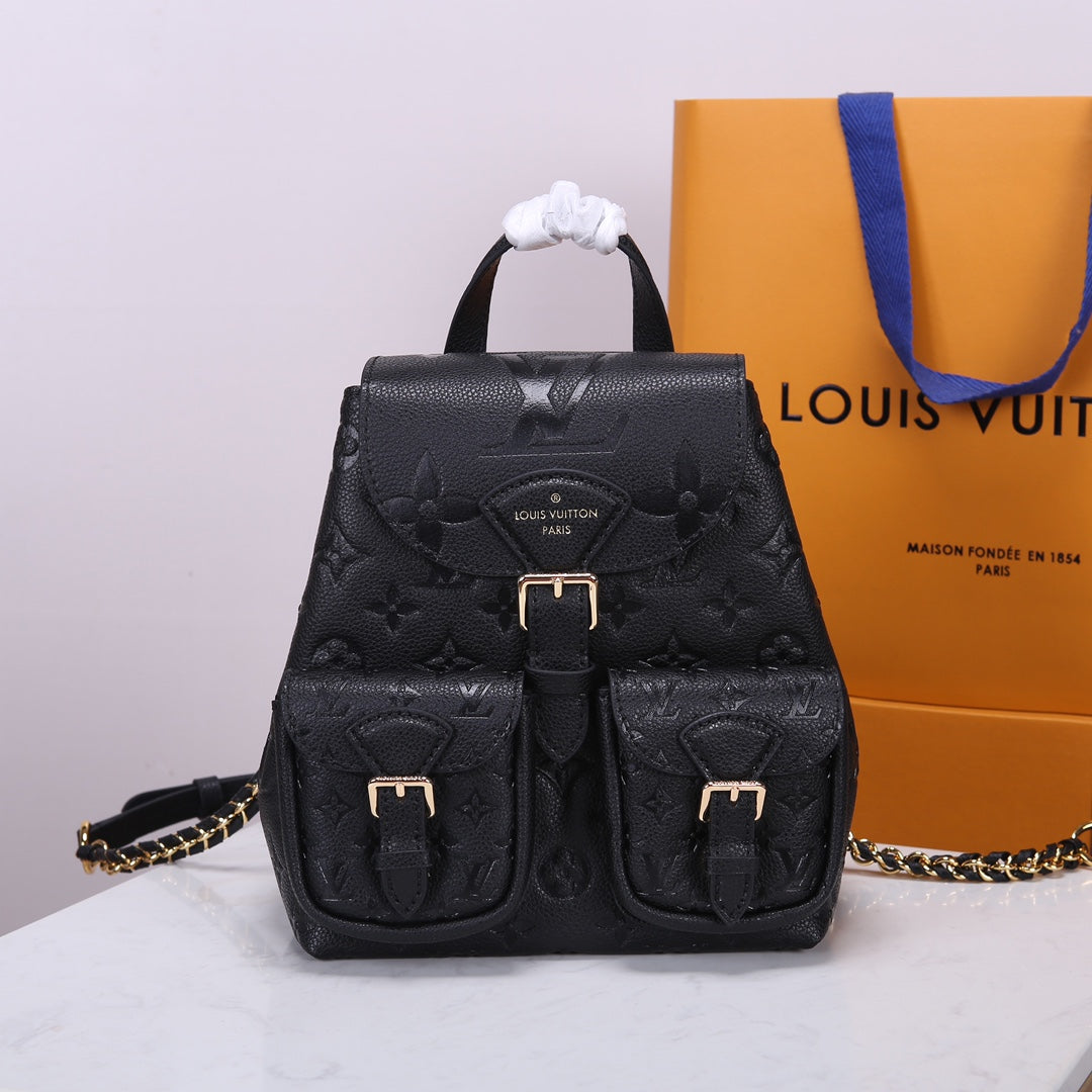 Louis Vuitton Luxury Black Embossed Leather Backpack with Gold Buckles